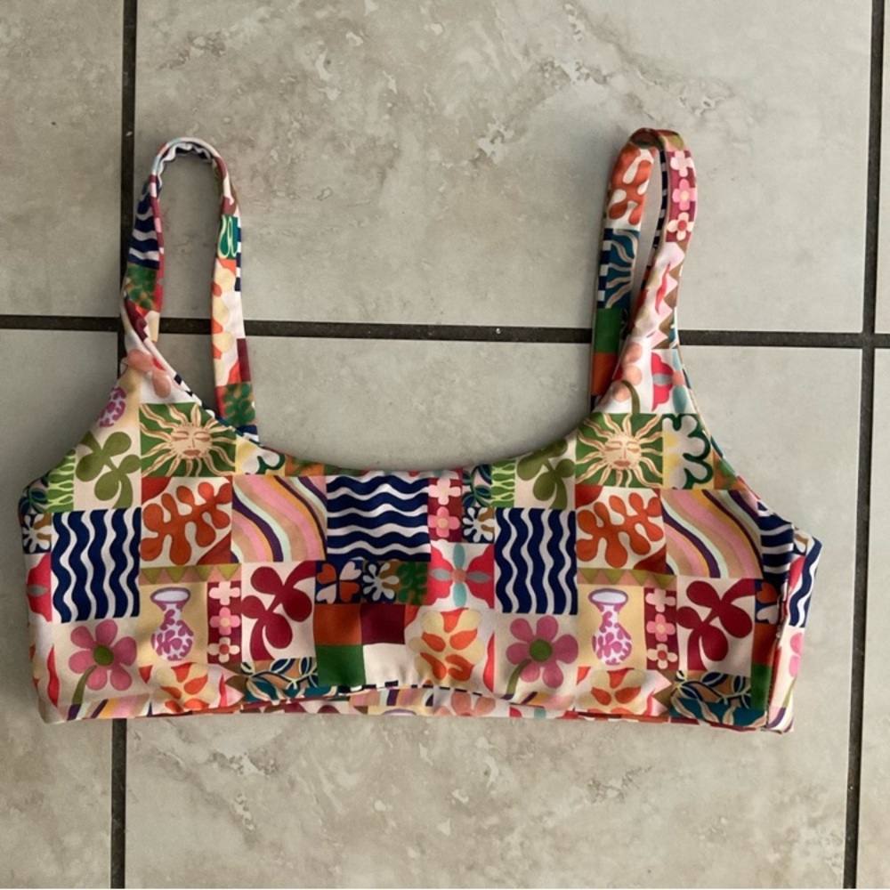 Skatie Multicolor Floral & Geometric Bikini Top - Pink, Green, Blue, Orange